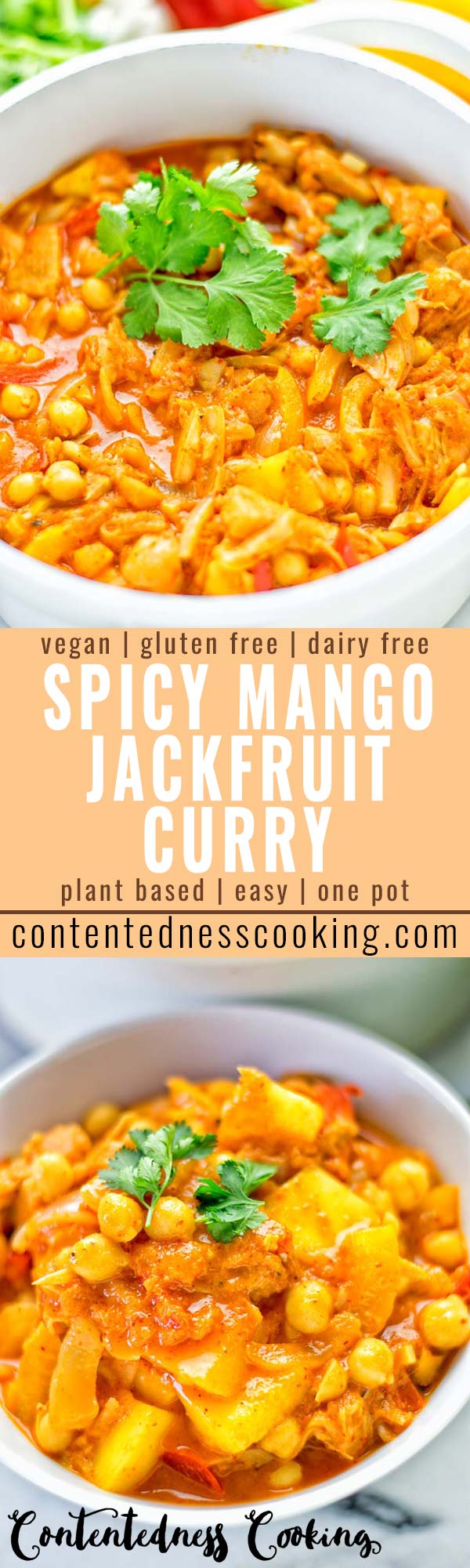 One pot and super easy to make: This Spicy Mango Jackfruit Curry is a winning combo for. Vegan, gluten free. An amazing dinner, lunch, meal prep, work lunch and more. Only one pot is required and in 15 minutes this great dairy free alternative is on the the table. Try it now and wow everyone! #vegan #glutenfree #vegetarian #dairyfree #jackfruit #curry #mango #onepot #mealprep #worklunchideas #lunch #dinner #easyfood #budgetmeals #contentednesscooking #15minuteveganmeals #familyveganmeals