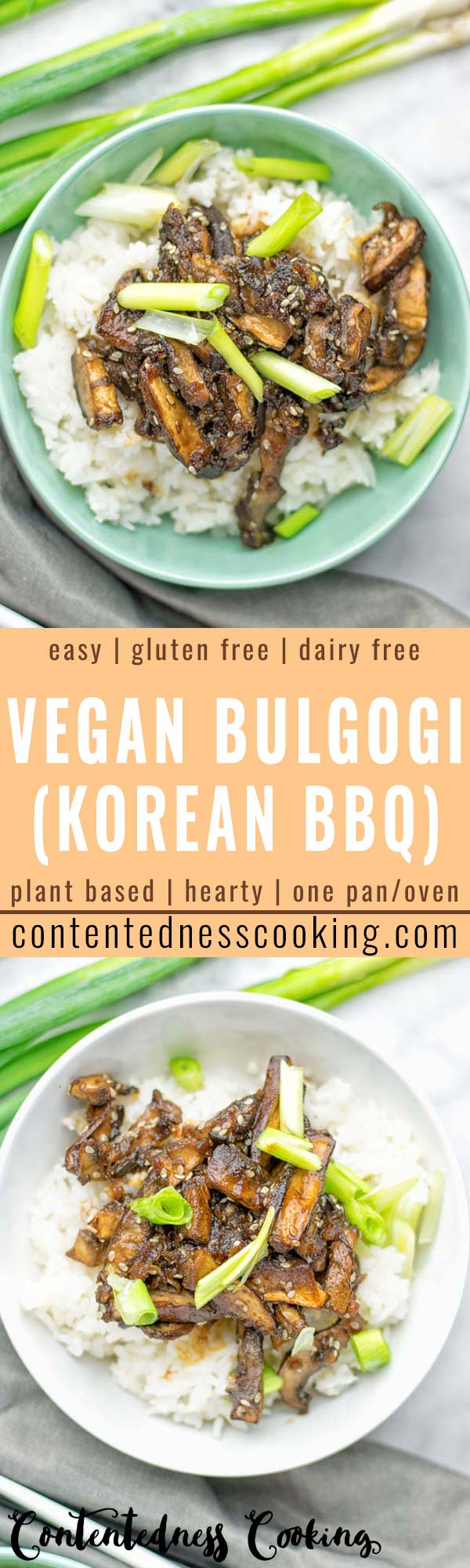 This Vegan Bulgogi is made with portobello mushrooms and inspired by Korean cuisine. It’s hearty, naturally vegan, gluten free and so delicious for dinner, lunch, meal prep and so much more. #vegan #glutenfree #dairyfree #vegetarian #contentednesscooking #easyfood #mealprep #portobellomushrooms #koreanfood #bulgogimarinade #bulgogirecipe #lunch #dinner 