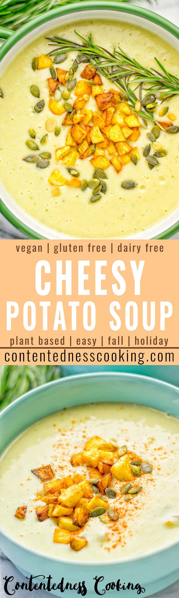 This Cheesy Potato Soup with Roasted Pepitas is the ultimate comfort food for everyone. Entirely vegan, gluten free, super easy to make. Such a delicious option for lunch, dinner, meal prep, work lunches and of course perfect for holidays. #vegan #glutenfree #dairyfree #vegetarian #soup #potatoes #holidays #dinner #lunch #mealprep Worklunchideas #contentednesscooking #potatosoup #familymealsonabudget #familymealskidfriendly