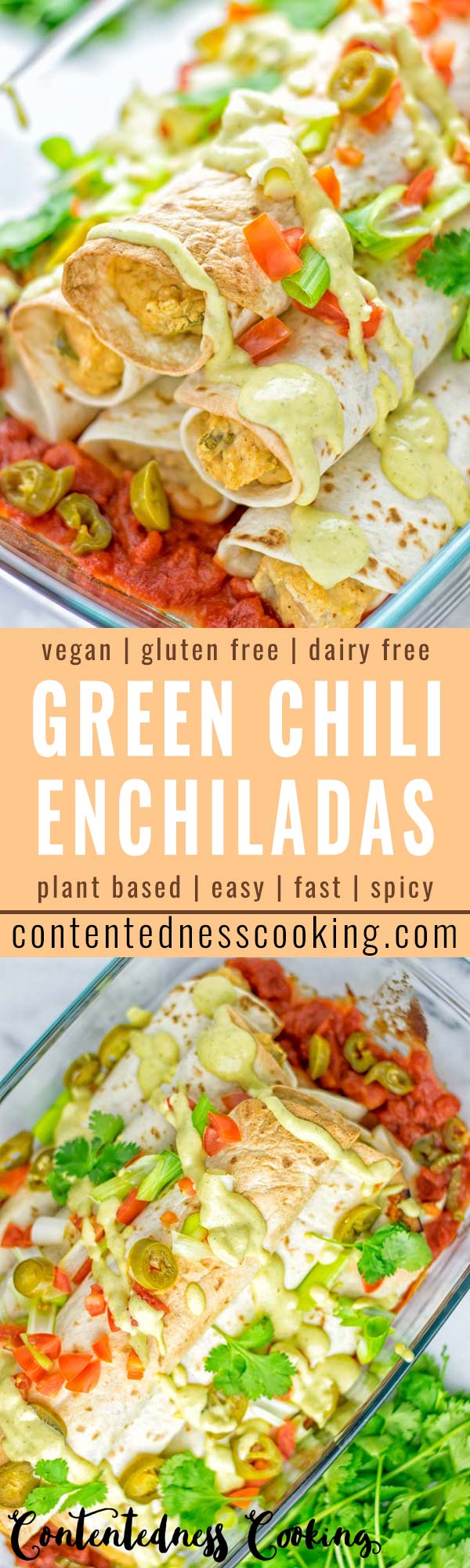 These Green Chili Enchiladas are entirely vegan, gluten free, super easy to make and so delicious. An amazing dairy free alternative for dinner, lunch, meal preparation, work lunch, potlucks, parties and so much more that the whole family will love. #vegan #glutenfree #dairyfree #contentednesscooking #dinner #lunch #mealprep #worklunchideas #easyfood #enchiladas #vegetarian #potluckrecipes #partyfood #mexican #greenchilirecipes