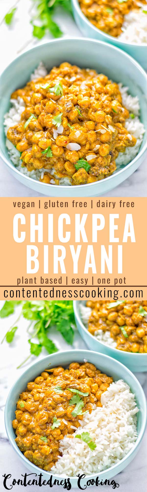 Insanely delicious One Pot Chickpea Biryani full of amazing flavors and naturally vegan, gluten free. An easy dish which is perfect for lunch, dinner, meal prep and work lunch. If you’re looking for a super easy biryani try it now. #vegan #glutenfree #dairyfree #vegetarian #chickpeas #chickpeabiryani #biryani #onepotmeals #mealprep #worklunchideas #dinner #lunch #contentednesscooking