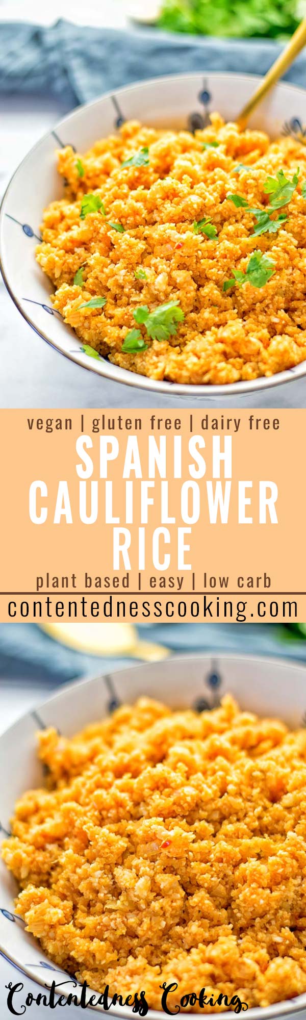 This Spanish Cauliflower Rice is naturally vegan, gluten free and seriously the best. It’s super easy to make in one pan and packed with amazing flavors. An easy recipe for lunch, dinner, meal prep and work lunch. It’s delicious on its own or as side dish. Try this great dairy free and low carb alternative now. #vegan #glutenfree #dairyfree #vegetarian #cauliflower #spanish #rice #lowcarb #mealprep #worklunchideas #lunch #dinner #sidedish #contentednesscooking #easyfood #budgetmeals