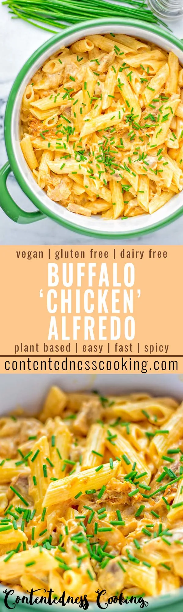 This Vegan Buffalo Chicken Alfredo is naturally plant based and glutenfree. The ultimate comfort food so easy for dinner, lunch, meal prep and work lunches. Try it now, from the first bite you will crave some more. #vegan #glutenfree #dairyfree #contentednesscooking #vegetarian #buffalorecipes #dinner #lunch #easyfood #mealprep #worklunchideas #alfredo #veganchicken #pasta #pastadishes #familyrecipes #comfortfood