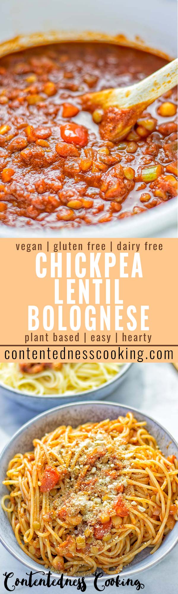 This Chickpea Lentil Bolognese is naturally vegan, gluten free and so super easy to make in one pot. It’s amazing over your favorite pasta for dinner, lunch, meal preparation or a great dairy free alternative for work lunch. #vegan #glutenfree #dairyfree #vegetarian #onepotmeals #dinner #lunch #mealprep #worklunchideas #chickpeas #lentils #chickpeabolognese #lentilbolognese #contentednesscooking