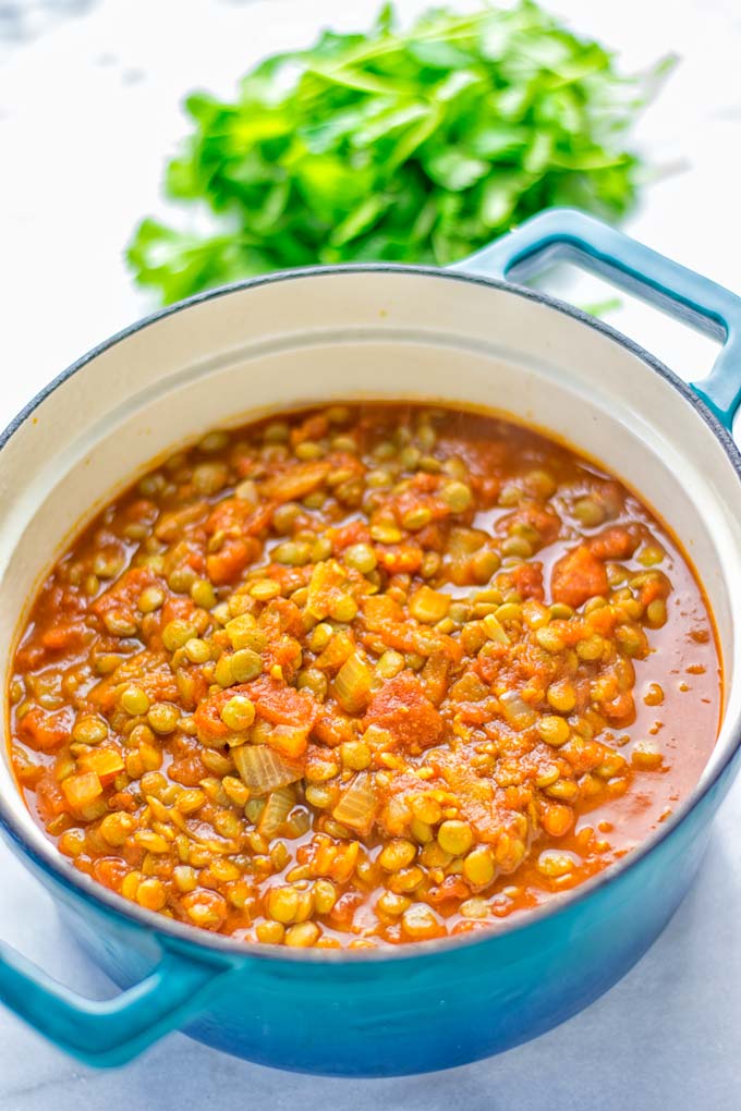 Amazingly tasty Moroccan Spiced Lentils super easy to make in one pot and packed with fantastic flavors. A super easy idea for lunch, dinner, meal prep and work lunch. Enjoy them plain, or over rice, so yummy! Try it now and you know what I’m taking about! #vegan #glutenfree #dairyfree #vegetarian #onepotmeals #lentils #moroccan #lunch #dinner #mealprep #worklunchideas #contentednesscooking #easyfood