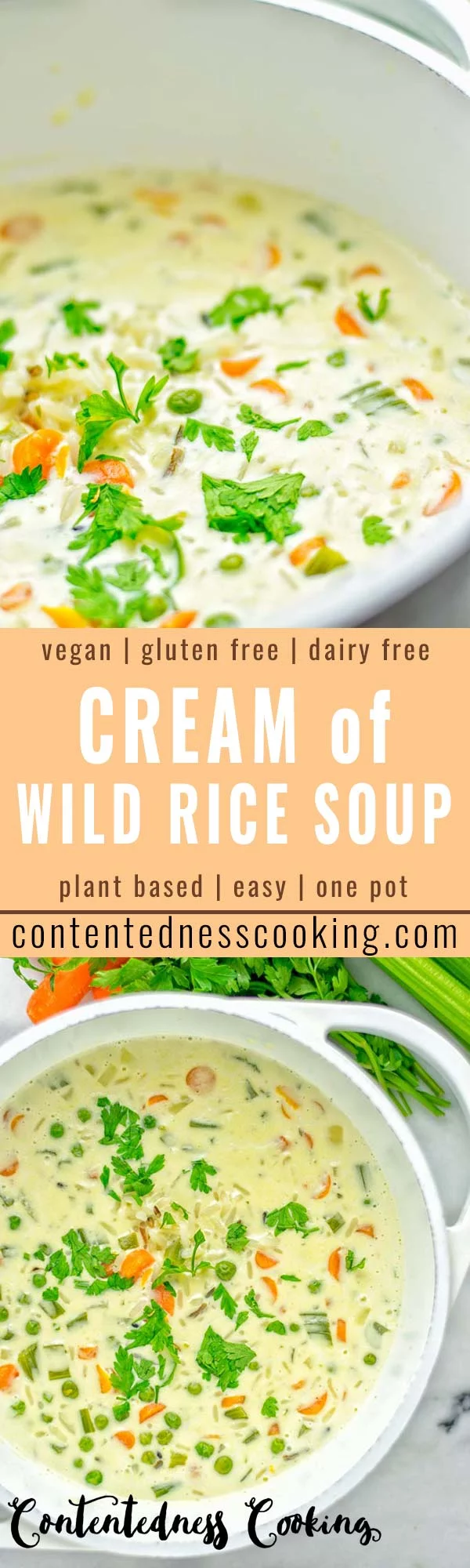 This Cream of Wild Rice Soup is entirely vegan, gluten free and super easy to make in one pot. An amazing soup for dinner, lunch, meal preparation, work lunch and the holidays that the whole family will love. #vegan #dairyfree #glutenfree #vegetarian #onepotmeals #soup #mealprep #worklunchideas #thanksgiving #holidays #contentednesscooking #wildricesoup #wildrice #wildricerecipes #dinner #lunch