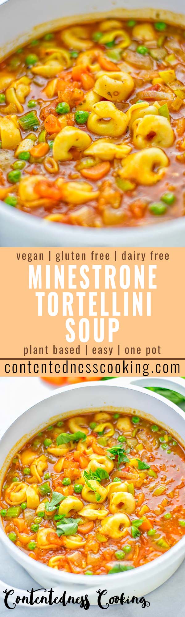 This Minestrone Tortellini Soup is entirely vegan, gluten free and super easy to make in one pot. If you’re looking for a delicious minestrone recipe look no further and try it now for dinner, lunch, meal preparation or an amazing work lunch! #vegan #glutenfree #dairyfree #vegetarian #contentednesscooking #mealprep #onepotmeals #dinner #lunch #worklunchideas #minestrone #tortellinisoup #minestronesoup 