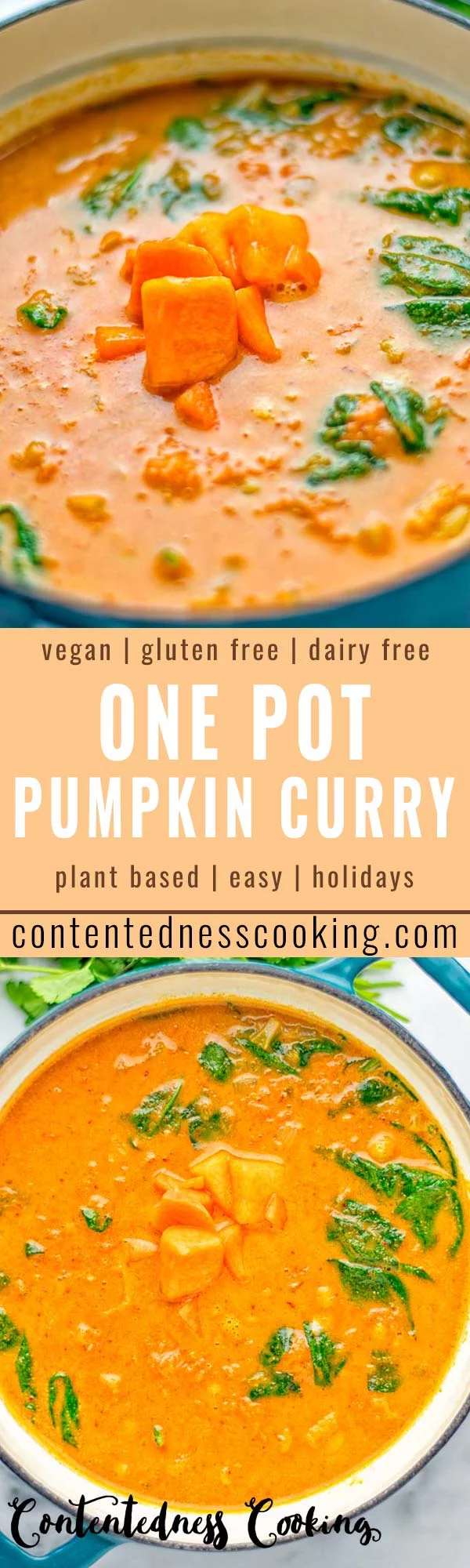 Amazingly satisfying Pumpkin Red Curry. Naturally vegan, gluten free, and so easy to make in one pot. An amazing one pot meal for the holidays, dinner, lunch, meal preparation, and so much more. #vegan #glutenfree #dairyfree #vegetarian #curry #pumpkin #pumpkincurryvegan #dinner #lunch #mealprep #worklunchideas #contentednesscooking #holidays