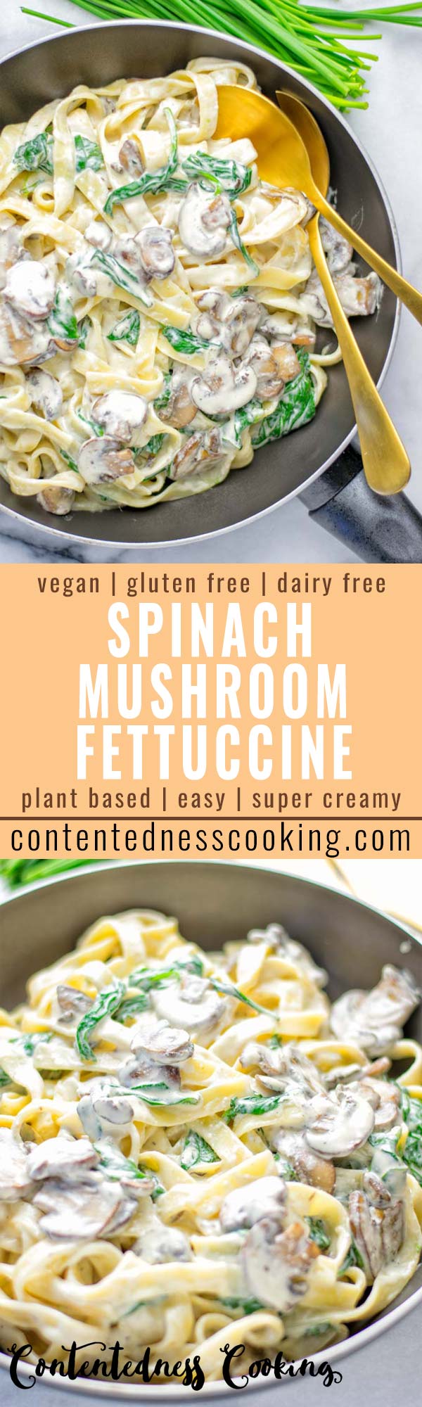 Super creamy and easy to make: Spinach Mushroom Fettuccine Alfredo entirely vegan, gluten free and the ultimate comfort food for dinner, lunch, meal preparation that the whole family will love. If you’re looking for a delicious fettuccine Alfredo recipe try it now, it’s a keeper. #vegan #glutenfree #dairyfree #vegetarian #contentednesscooking #dinner #lunch #mealprep #worklunchideas #fettuccinealfredo #spinachrecipes #mushroomrecipes #familydinnerideas #fettuccinerecipes #easy20minutemeals