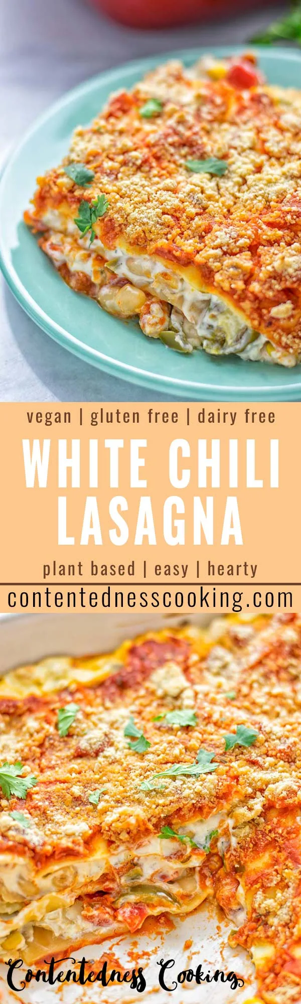 Super easy and insanely delicious White Chili Lasagna. Entirely vegan, gluten free and seriously so addictive. It’s fantastic for dinner, lunch, meal preparation, work lunch that the whole family will love. Also a keeper for the holidays and date night. If you’re looking for an easy lasagna recipe try this, now. #vegan #dairyfree #glutenfree #vegetarian #lasagna #mealprep #worklunchideas #whitechili #whitechilirecipes #holidays #dinner #lunch #datenightrecipesdinner #contentednesscooking