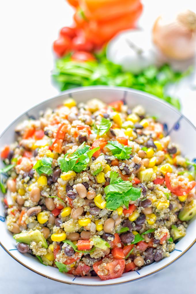 This Cowboy Caviar Quinoa Salad is naturally vegan, gluten free, and so satisfying. It has all the flavors you’ll love and is super easy to make for dinner, lunch, meal prep and so much more. Enjoy and try it now You’ll know how easy it can be. #vegan #glutenfree #dairyfree #vegetarian #cowboycaviar #quinoasalad #dinner #lunch #mealprep #worklunchideas #contentednesscooking #healthymeals #newyearhealthyeating #potluckideas #partyfood