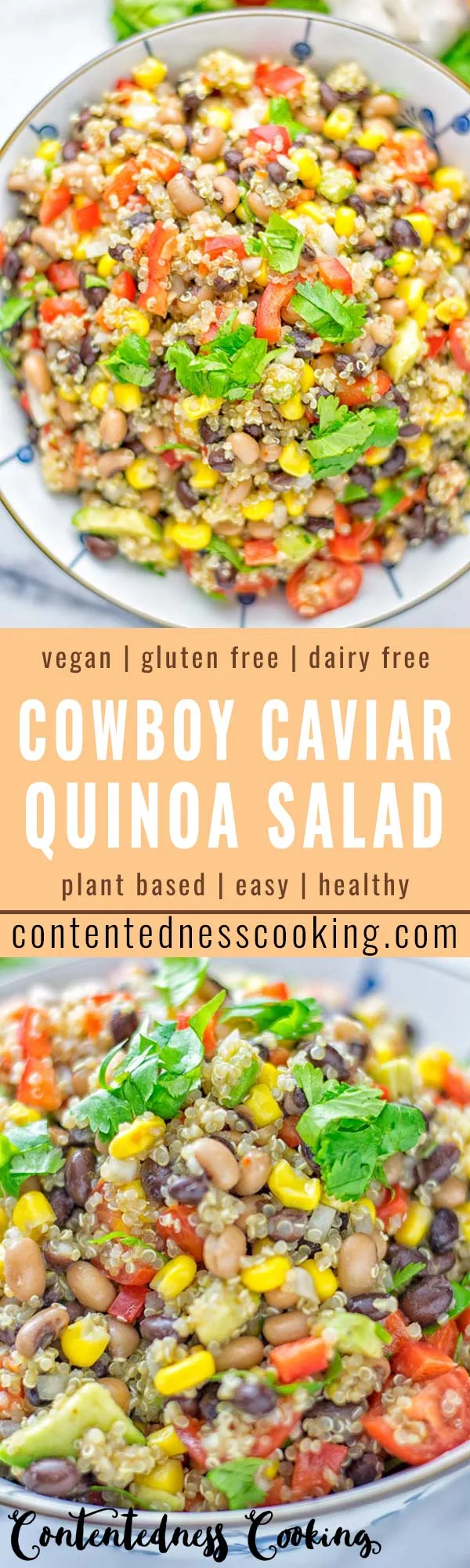 This Cowboy Caviar Quinoa Salad is naturally vegan, gluten free, and so satisfying. It has all the flavors you’ll love and is super easy to make for dinner, lunch, meal prep and so much more. Enjoy and try it now You’ll know how easy it can be. #vegan #glutenfree #dairyfree #vegetarian #cowboycaviar #quinoasalad #dinner #lunch #mealprep #worklunchideas #contentednesscooking #healthymeals #newyearhealthyeating #potluckideas #partyfood