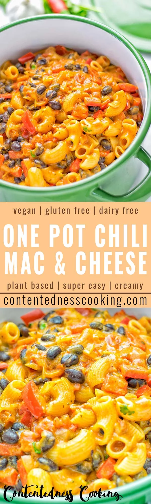 This One Pot Chili Mac & Cheese is super easy to make. It’s insanely creamy, vegan, gluten free and ready in 20 minutes on the table. If you’re looking for easy one pot meals that the whole family will love try it now and learn how easy meal preparation, dinner, lunch, work lunches and more can be. #vegan #glutenfree #vegetarian #dairyfree #onepotmeals #contentednesscooking #lunch #dinner #worklunchideas #mealprep #chilimacandcheese