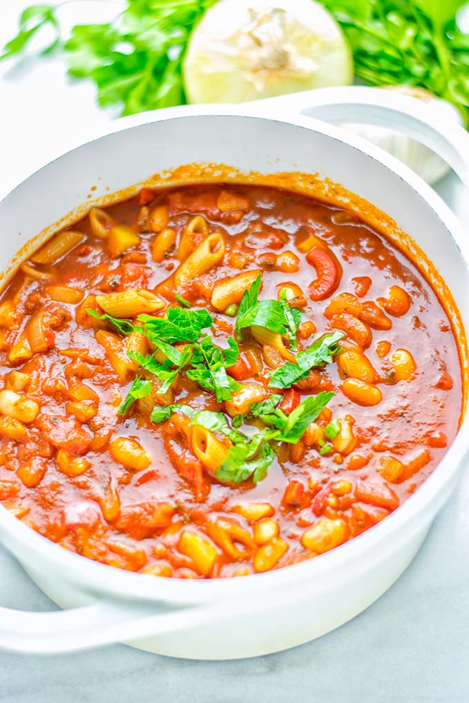 This Pasta Fagioli Soup is super easy to make in one pot and entirely vegan, gluten free. It’s packed with so many delicious flavors and perfect for dinner, lunch, meal prep, work lunch and so much more. Try it and learn how easy it can be to make food for the whole family. #vegan #glutenfree #dairyfree #onepotmeals #vegetarian #contentednesscooking #mealprep #worklunchideas #dinner #lunch #pastafagiolisoup #20minutemeals