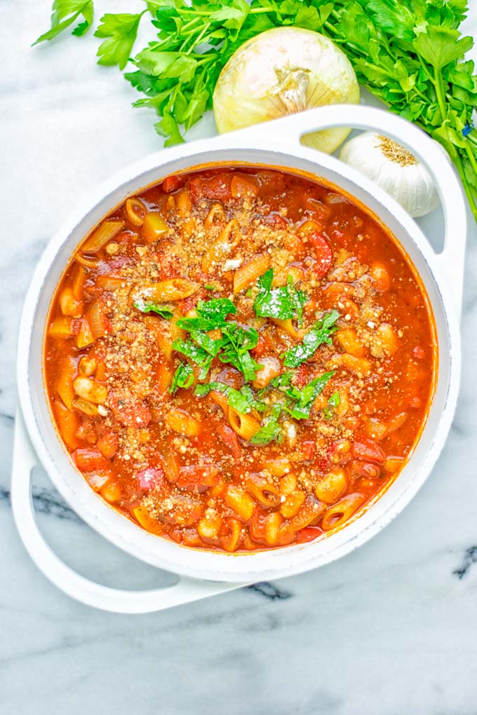 This Pasta Fagioli Soup is super easy to make in one pot and entirely vegan, gluten free. It’s packed with so many delicious flavors and perfect for dinner, lunch, meal prep, work lunch and so much more. Try it and learn how easy it can be to make food for the whole family. #vegan #glutenfree #dairyfree #onepotmeals #vegetarian #contentednesscooking #mealprep #worklunchideas #dinner #lunch #pastafagiolisoup #20minutemeals