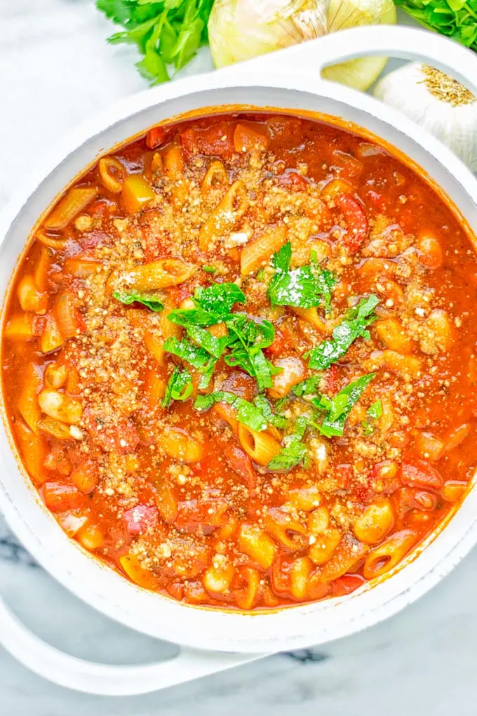 This Pasta Fagioli Soup is super easy to make in one pot and entirely vegan, gluten free. It’s packed with so many delicious flavors and perfect for dinner, lunch, meal prep, work lunch and so much more. Try it and learn how easy it can be to make food for the whole family. #vegan #glutenfree #dairyfree #onepotmeals #vegetarian #contentednesscooking #mealprep #worklunchideas #dinner #lunch #pastafagiolisoup #20minutemeals