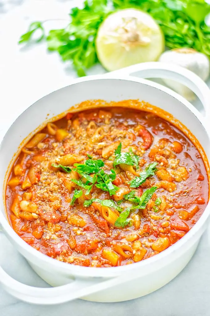 This Pasta Fagioli Soup is super easy to make in one pot and entirely vegan, gluten free. It’s packed with so many delicious flavors and perfect for dinner, lunch, meal prep, work lunch and so much more. Try it and learn how easy it can be to make food for the whole family. #vegan #glutenfree #dairyfree #onepotmeals #vegetarian #contentednesscooking #mealprep #worklunchideas #dinner #lunch #pastafagiolisoup #20minutemeals