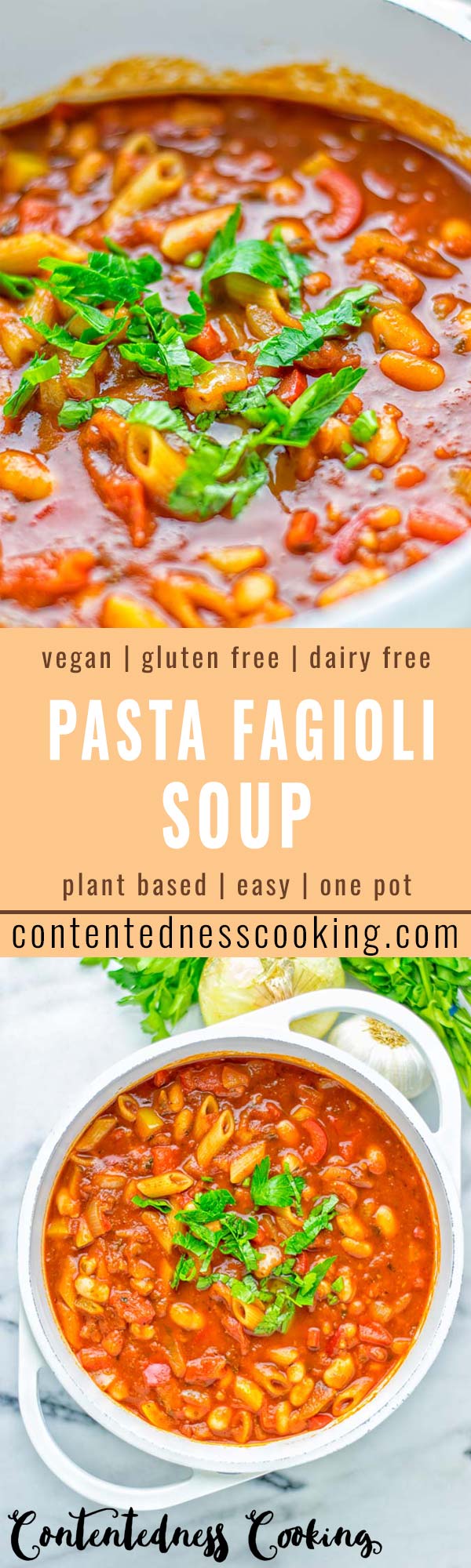 This Pasta Fagioli Soup is super easy to make in one pot and entirely vegan, gluten free. It’s packed with so many delicious flavors and perfect for dinner, lunch, meal prep, work lunch and so much more. Try it and learn how easy it can be to make food for the whole family. #vegan #glutenfree #dairyfree #onepotmeals #vegetarian #contentednesscooking #mealprep #worklunchideas #dinner #lunch #pastafagiolisoup #20minutemeals