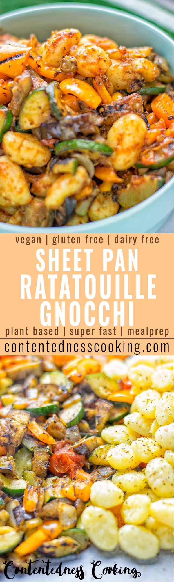 This Sheet Pan Ratatouille Gnocchi are super easy to make and naturally vegan, gluten free. It’s made on a sheet pan which is a breeze for dinner, lunch, meal prep and work lunches. Try it now and the whole family will love it. #vegan #dairyfree #glutenfree #vegetarian #gnocchi #ratatouille #sheetpanmeals #contentednesscooking #dinner #lunch #mealprep #worklunchideas #familyfood #newyearhealtyeating 