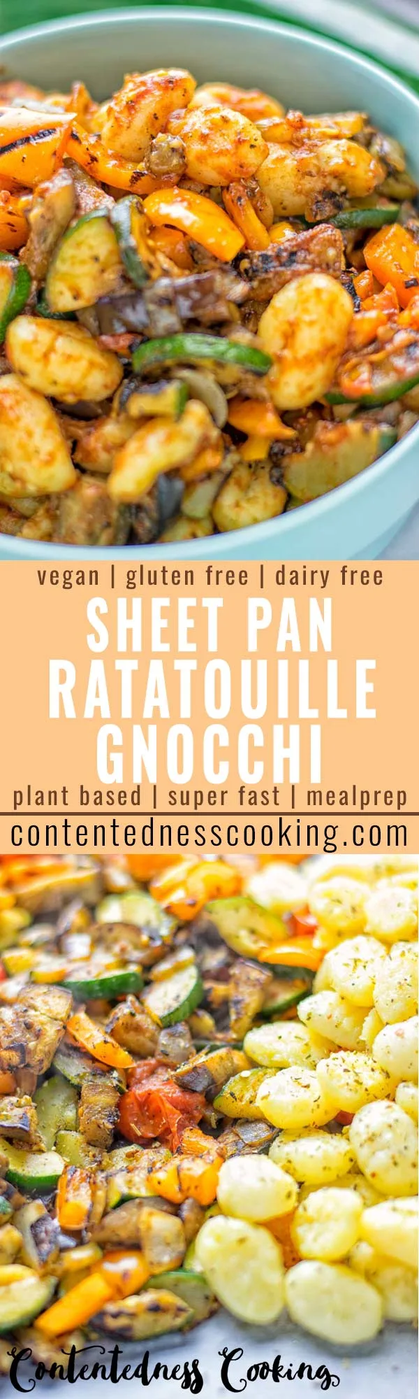 This Sheet Pan Ratatouille Gnocchi are super easy to make and naturally vegan, gluten free. It’s made on a sheet pan which is a breeze for dinner, lunch, meal prep and work lunches. Try it now and the whole family will love it. #vegan #dairyfree #glutenfree #vegetarian #gnocchi #ratatouille #sheetpanmeals #contentednesscooking #dinner #lunch #mealprep #worklunchideas #familyfood #newyearhealtyeating 