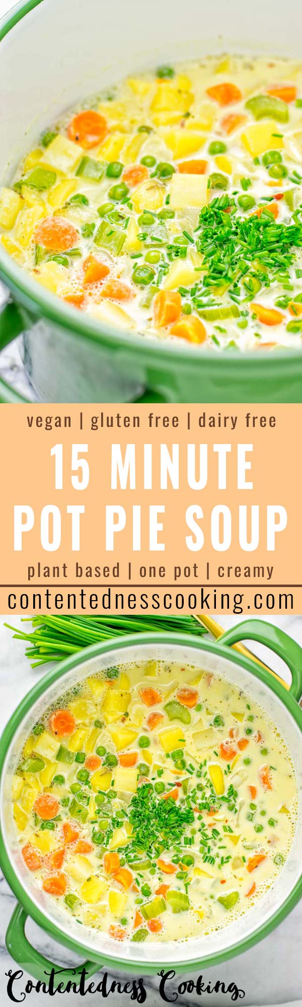 You won’t believe this Vegan Pot Pie Soup is ready in 15 minutes. No one would guess it’s vegan, gluten free, and dairy free. It’s a satisfying meal made in one pot for lunch, dinner, meal prep even work lunches that you and your family will love. A time saving meal that is also a keeper for the holidays and Christmas. #vegan #glutenfree #dairyfree #vegetarian #onepotmeals #christmasfood #contentednesscooking #mealprep #dinner #lunch #worklunchideas #15minutemeals #holidaychristmas