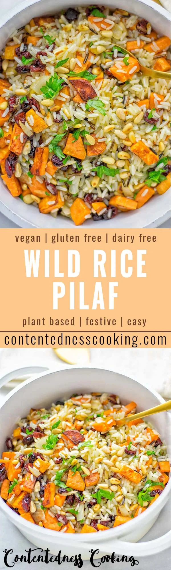 This Wild Rice Pilaf is a super easy and tasty one pot meal. Naturally vegan, gluten free it has all the flavors you love and want for Christmas and the whole year. Try it now for dinner, lunch, meal prep, wow your guests and family. #vegan #glutenfree #dairyfree #vegetarian #christmasfood #dinner #lunch #onepotmeals #holidayfood #wildricepilaf #ricepilafeasy #worklunchideas #contentednesscooking #mealprep 