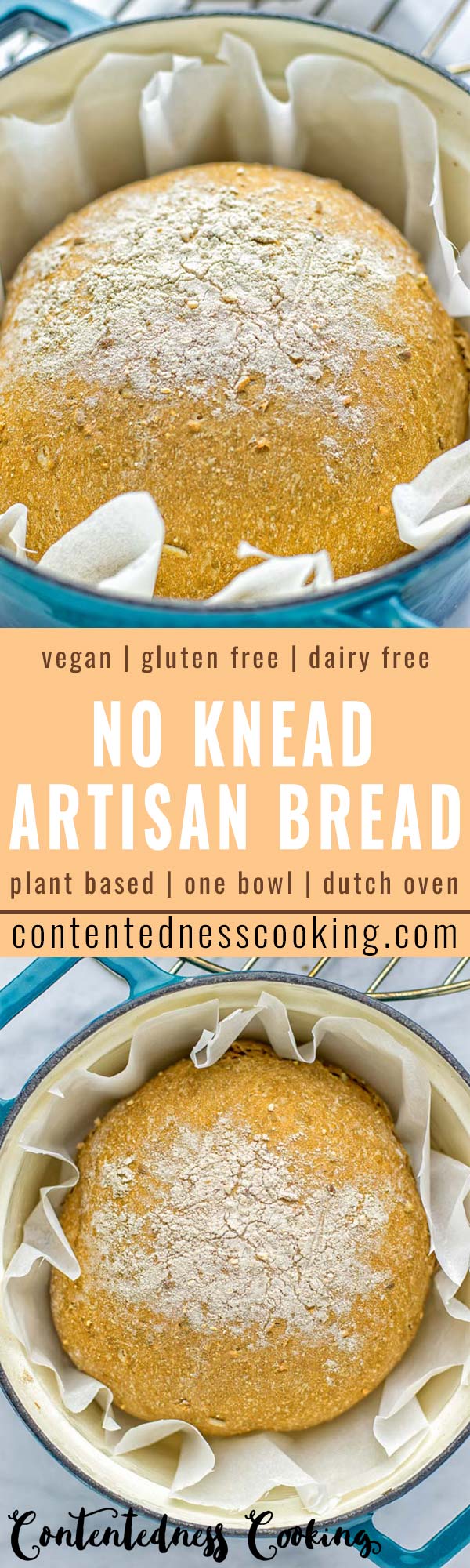 This Artisan Bread is naturally vegan, gluten free and made in the Dutch oven. It’s easy to prepare in one bowl and the result will be impressive. Trust me there is nothing better than fresh homemade bread from the oven. This is perfect for breakfast, lunch and even dinner. Try this for your family and everyone will love it. #vegan #dairyfree #glutenfree #contentednesscooking #breakfast #dinner #lunch #artisanbread #nokneadbread #dutchovenbread #homemadebread #kidfriendlymeals #budgetmeals 