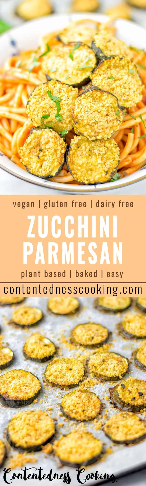 This Baked Zucchini Parmesan is entirely vegan, gluten free and will be a family favorite. Serve it with pasta, dips, as appetizer, dinner, lunches, meal preparation, or work lunch. Sprinkled with the best dairy free parmesan cheese that makes all the difference. Try it now. #vegan #dairyfree #vegetarian #contentednesscooking #dinner #lunch #mealprep #worklunchideas #zucchiniparmesan #zucchiniparmesanbaked #zucchiniparmesancrisps #comfortfood #kidfriendlydinners #familydinnerideas 