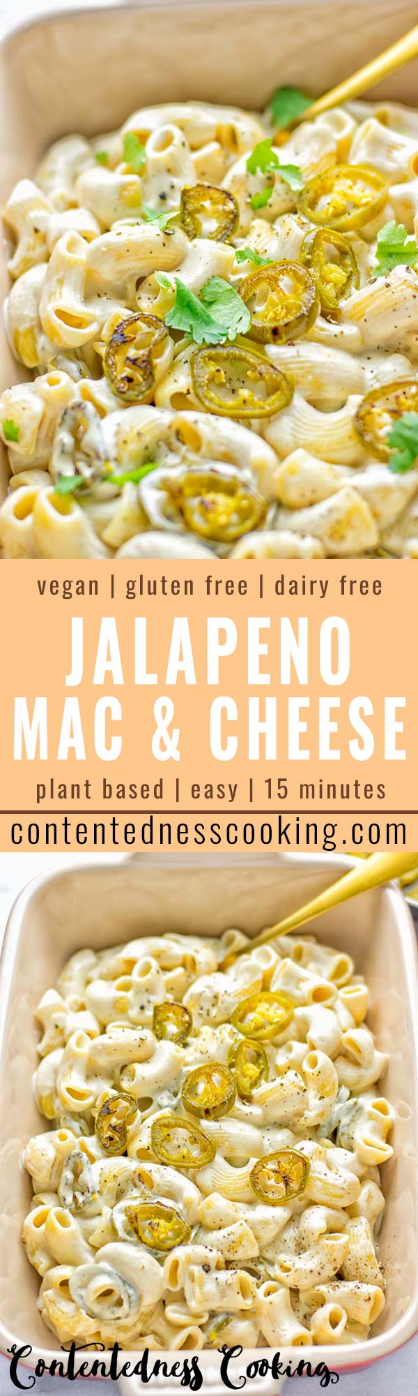 This Jalapeno Mac and Cheese is super easy to make and in 15 minutes on the table! It’s creamy and perfectly spicy and entirely vegan, gluten free. An amazing option for dinner, lunch, meal prep, work lunch and so much more that the whole family will love. Try it for yourself and know this will be a staple in any house. #vegan #dairyfree #glutenfree #contentednesscooking #macandcheese #jalapeno #dinner #lunch #mealprep #worklunchideas #15minutemeals #familyfood #comfortfood 