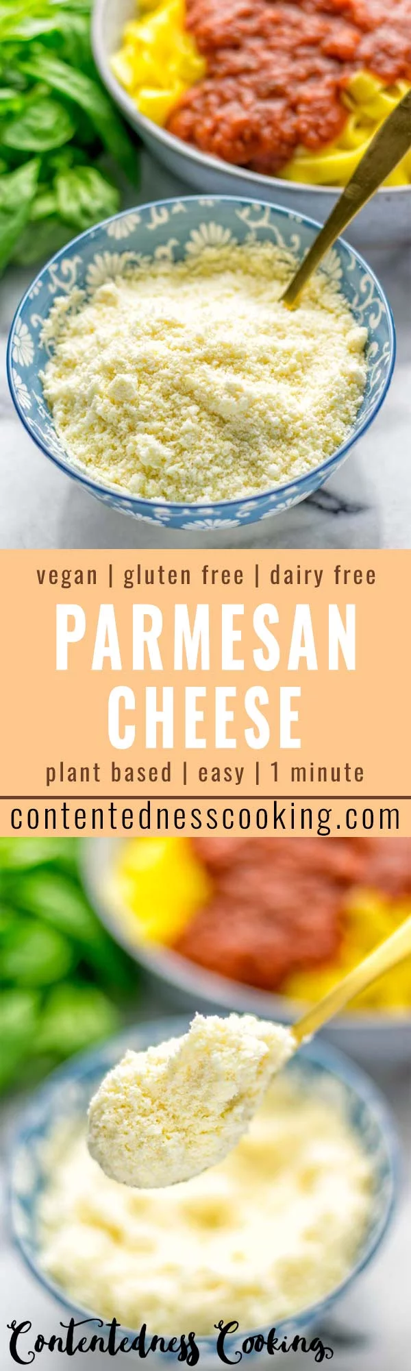 This Vegan Parmesan Cheese is made with super simple 3 ingredients in 1 minute. Trust me you really want this recipe - so versatile for all your pasta, casseroles, salads and so much more. It’s a keeper for lunch, dinner, meal prep, work lunch that the whole family will love. #vegan #dairyfree #glutenfree #dinner #lunch #mealprep #worklunchideas #contentednesscooking #veganparmesancheese #pasta #pizza #casseroles #salads #familyfoodideas