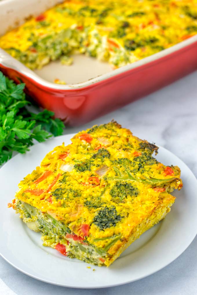 Crustless Broccoli Quiche on a white plate.