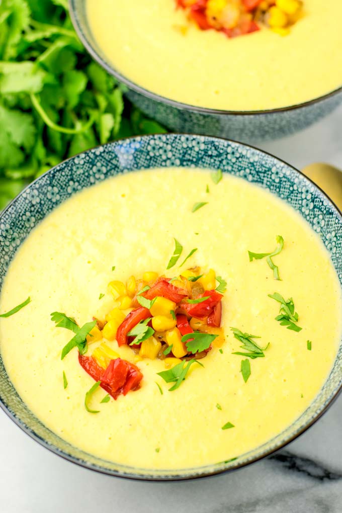 Zoom into the corn topping of the easy corn chowder.