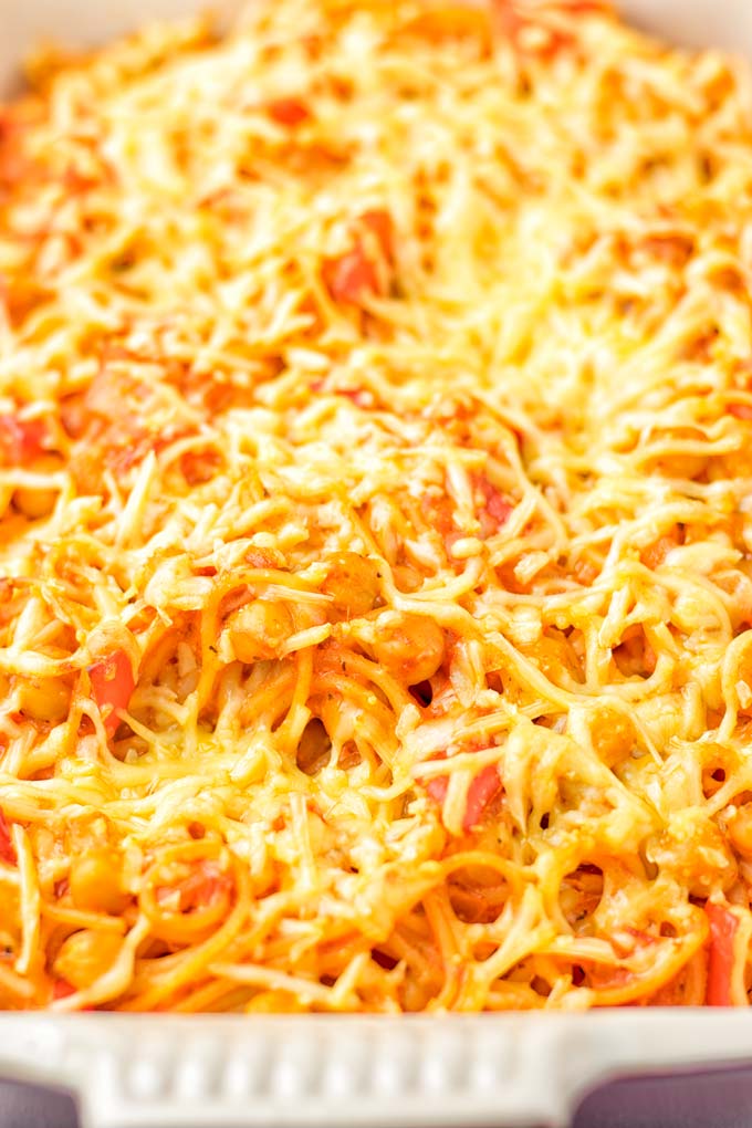 Closeup of spaghetti casserole coming fresh out of the oven.