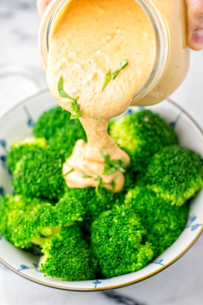 Thai peanut sauce ready after 5 minutes, used sauce over a bowl of broccoli.