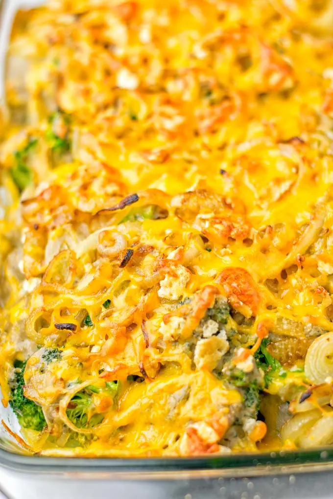 Closeup of crunchy crust of the Vegan Broccoli Casserole, showing fried onions