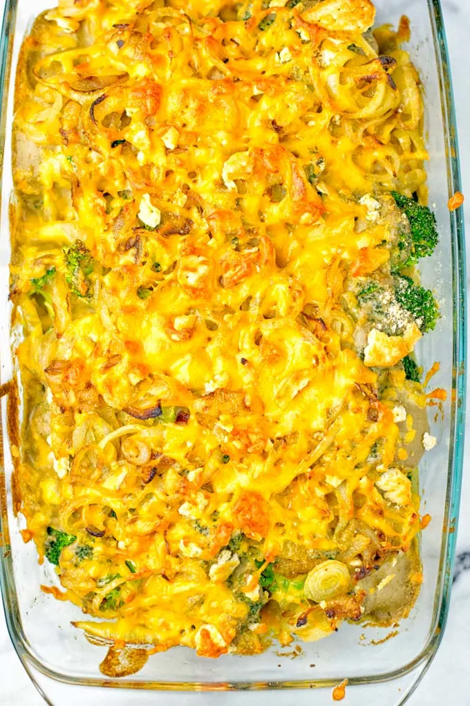 Top view close up to vegan broccoli casserole