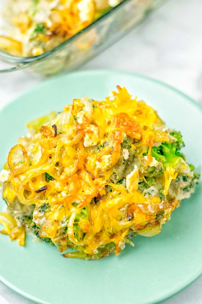 Portion of Vegan Broccoli Casserole served on a plate, showing creamy sauce