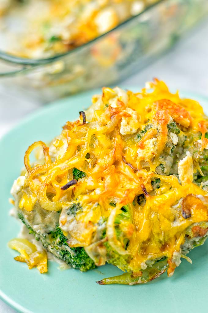 Closeup of a portion of the vegan broccoli casserole on a green plate