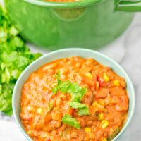 Bowl with the white bean chili decorated with cilantro.