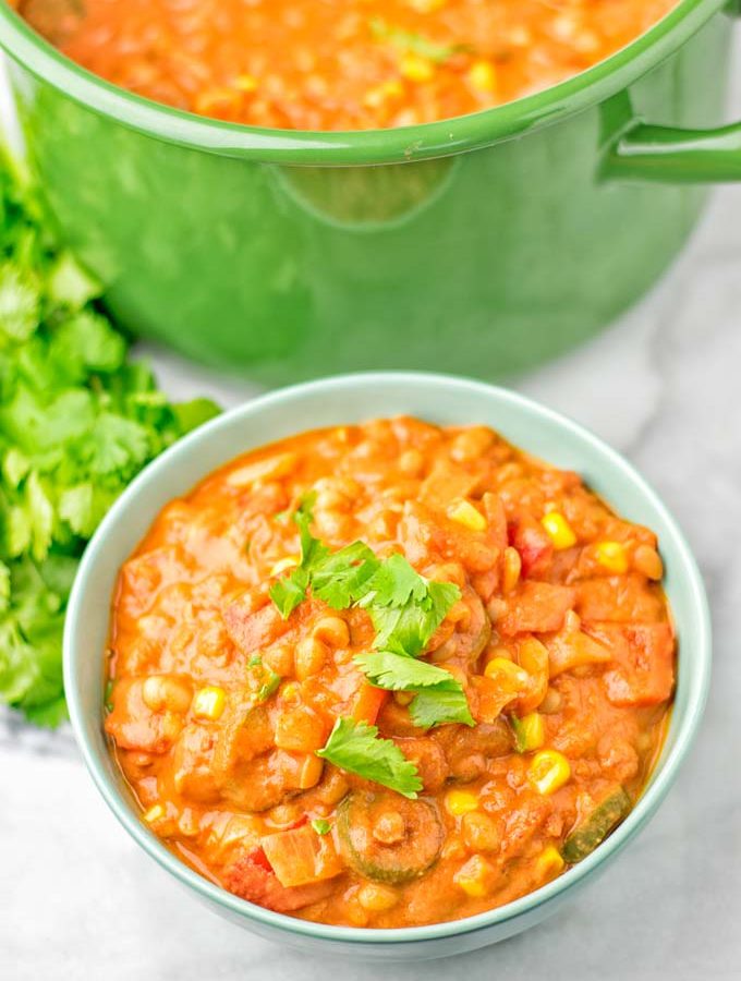 Bowl with the white bean chili decorated with cilantro.