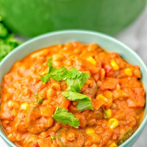 Closeup of the Vegetarian White Bean Chili in a bowl.