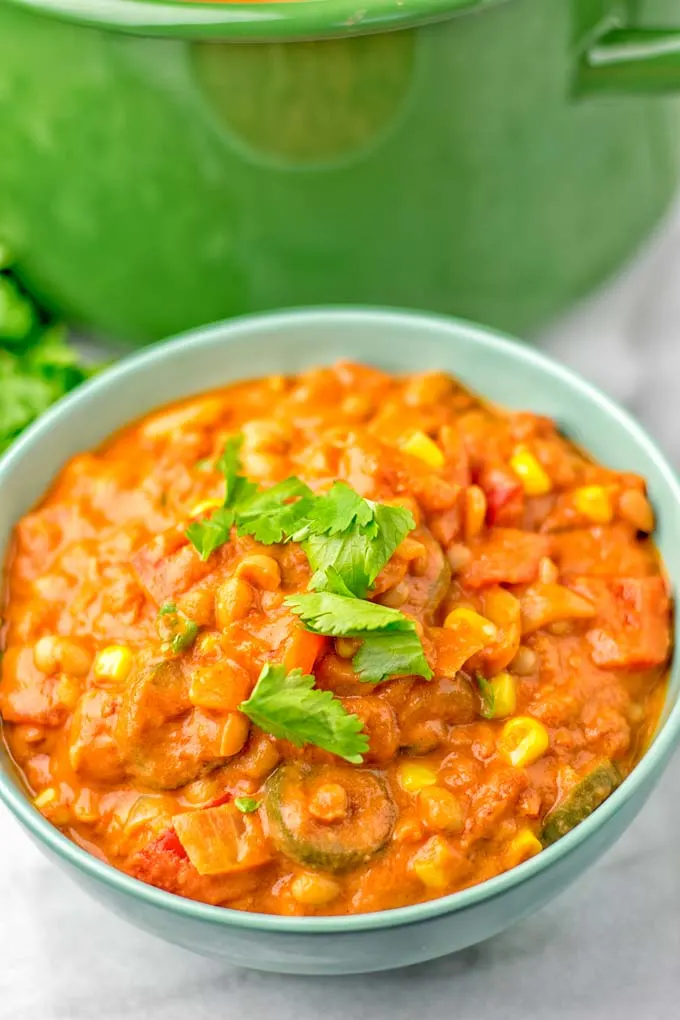 Closeup of the Vegetarian White Bean Chili in a bowl.