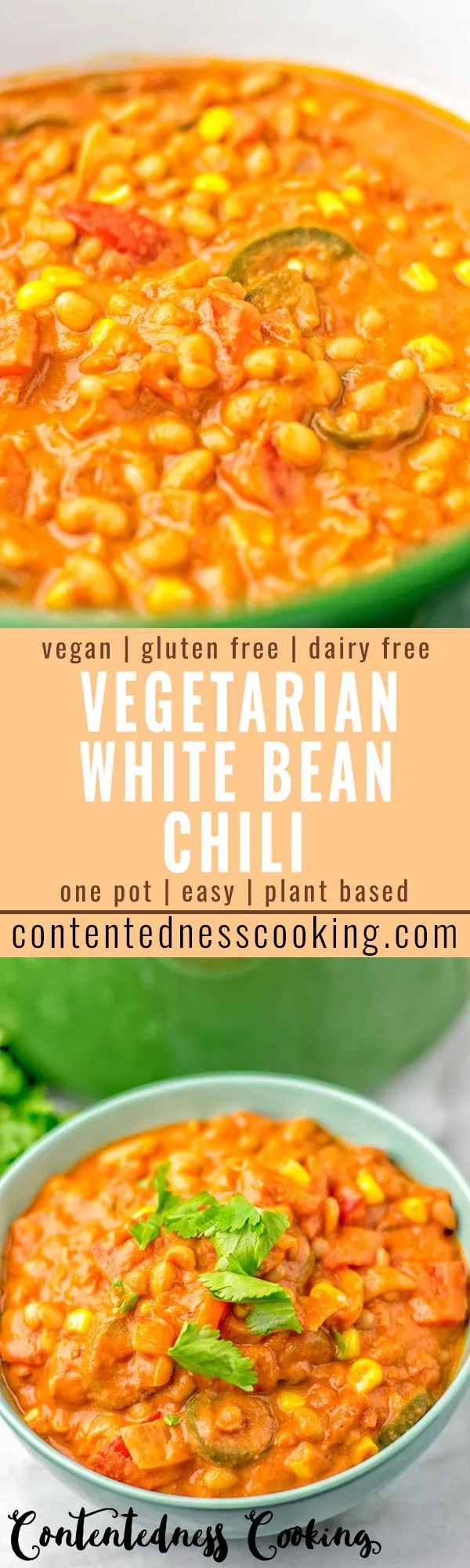 This Vegetarian White Bean Chili is made in one pot and naturally vegan, gluten free. It is super easy to make and packed with fantastic flavors. So amazing for dinner, lunch, meal prep, work lunches and so much more. Try it now and wow yourself #vegan #glutenfree #dairyfree #vegetarian #onepotmeals #chili #dinner #lunch #mealprep #worklunchideas #bugdetmeals #contentednesscooking #familydinnerideas #kidsdishes