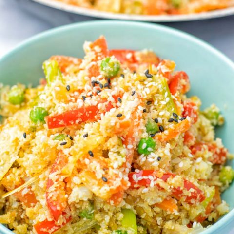 Closeup of Cauliflower Fried Rice showing vegetables.