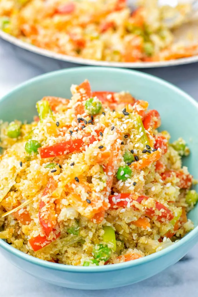 Closeup of Cauliflower Fried Rice showing vegetables.