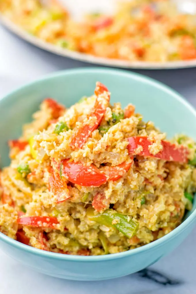 Blue bowl with fried rice.