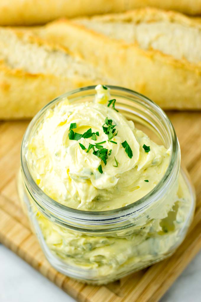 Closeup of garlic butter jar.