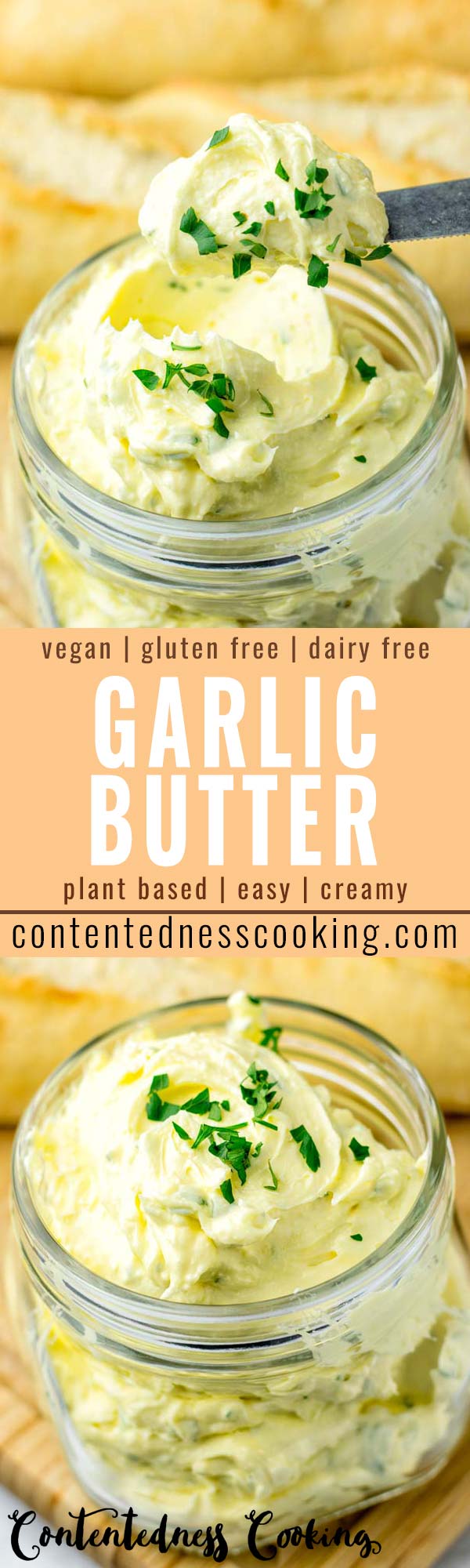 This Garlic Butter will be an instant hit at your house. No one would ever guess it is vegan and dairy free. It is delicious on bread, pasta, stir fry vegetables and more. Amazing for dinner, lunch, meal prep and even breakfast plus parties that the whole family will love. #vegan #dairyfree #glutenfree #garlicbutter #veganbutter #mealprep #dinner #lunch #budgetmeals #contentednesscooking #partyfood #bbqideas 