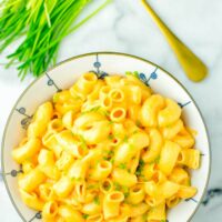 View from above on a large bowl of Mac and Cheese from the instant pot.