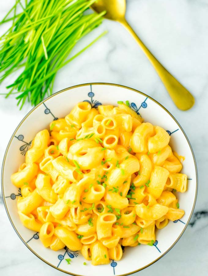 View from above on a large bowl of Mac and Cheese from the instant pot.